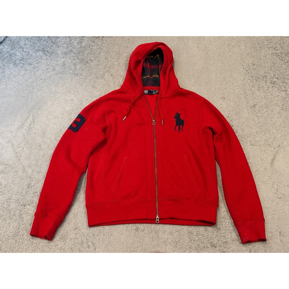 Polo Ralph Lauren Mens Red Big Pony Full Zip Hoodie Plaid Lined Hood Size M